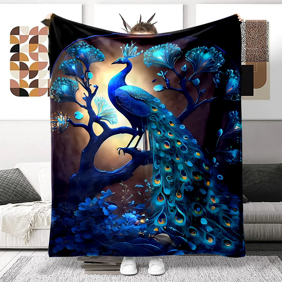 

3D Peacock Pattern Flannel Blanket Super Soft Fleece Throw Blankets for Bedroom Couch Sofa Gift