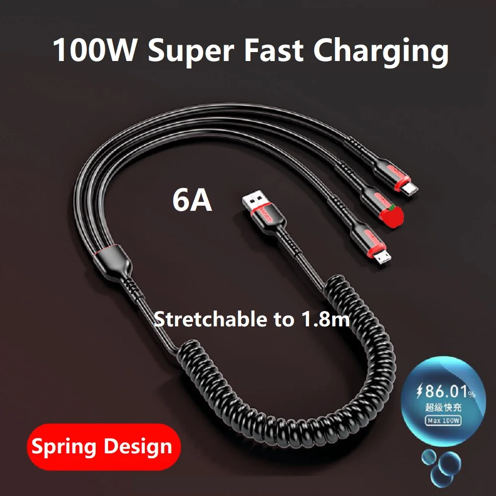 

Retractable 3 in 1 Charging Cable 100W 6A 1.8m Fast Charger Cord Multi USB Data Cable with Lightning/Type C/Micro USB Port