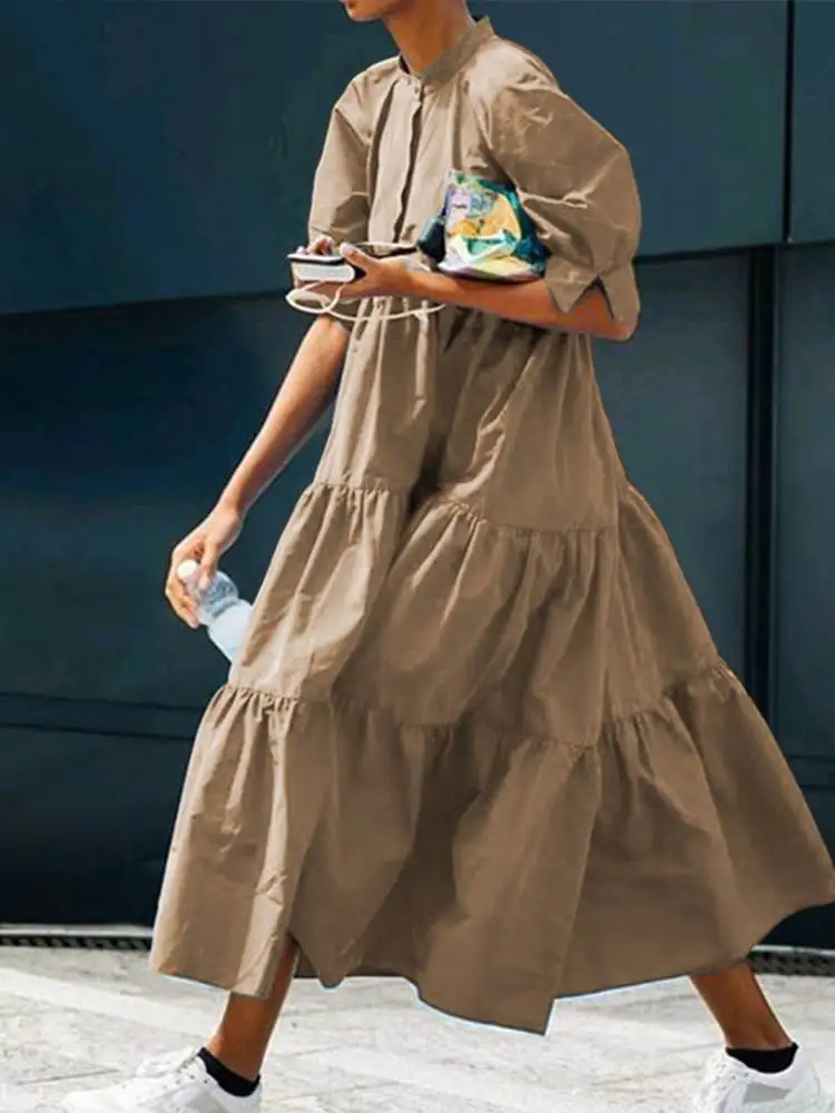

VONDA Bohemian Dress 2022 Summer Women Sundress Casual Short Puff Sleeve Ruffled Dress Robe Femme Buttons Beach Party Vestido