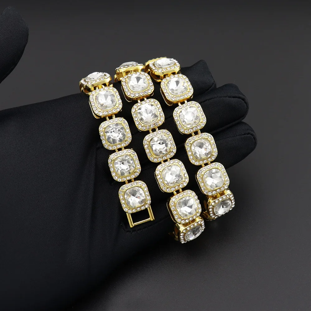 

Hip Hop Square Rhinestone Iced Out Bling Necklace Men Women Glamour Fashion Ice Crystal Cuban Chain Hiphop Rap Rock Jewelry