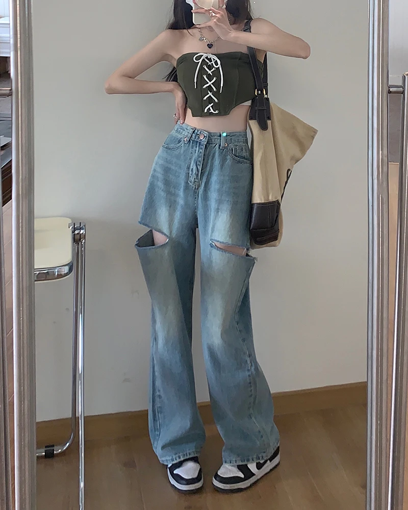 Женские рваные прямые джинсы с высокой талией синие джинсовые брюки Y2k Корейская