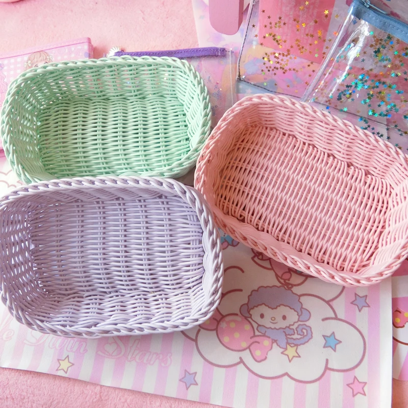

Candy Color Rattan Tabletop Sundries Storage Frame Throw Resistant Woven Basket Home Cosmetics Snacks Nuts Fruit Basket
