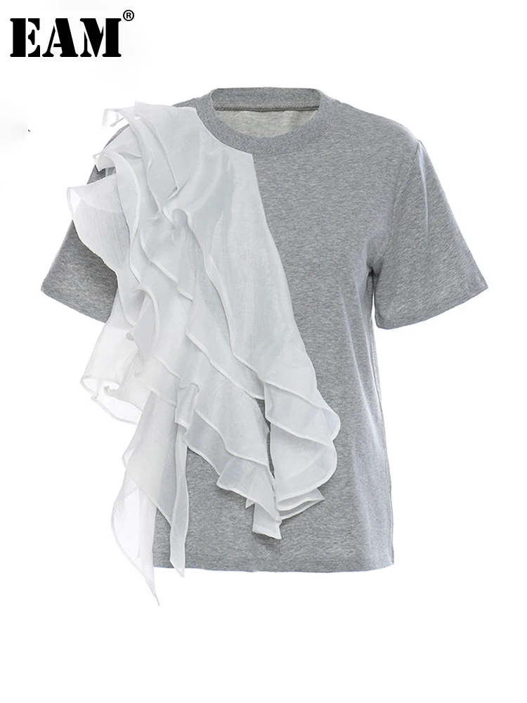 

[EAM] Women Gray White Irregular Ruffles Voile T-shirt New Round Neck Short Sleeve Fashion Tide Spring Summer 2023 1DD6625