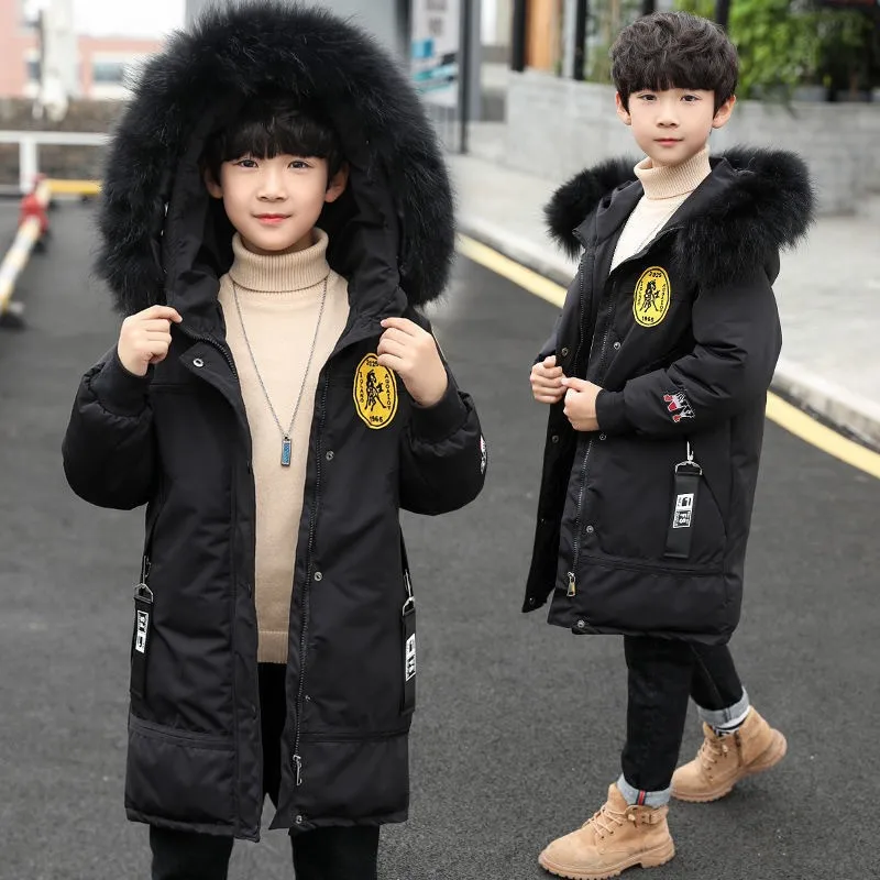 

Fur Collar Down Cotton Hooded Jackets Kid Boy Fashion Long Coat Teen Overcoat Winter Thick Outdoor Sports Windproof Snowsuit New