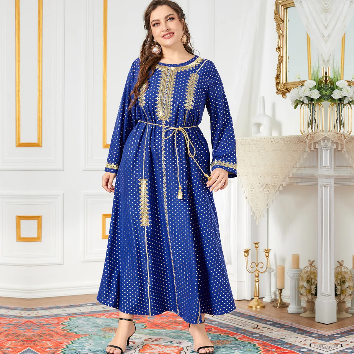 Abayas For Women Dubai Maxi Dress Long Sleeve Vintage Embroidered Fashion Polka Dot Print Belted  modest dress