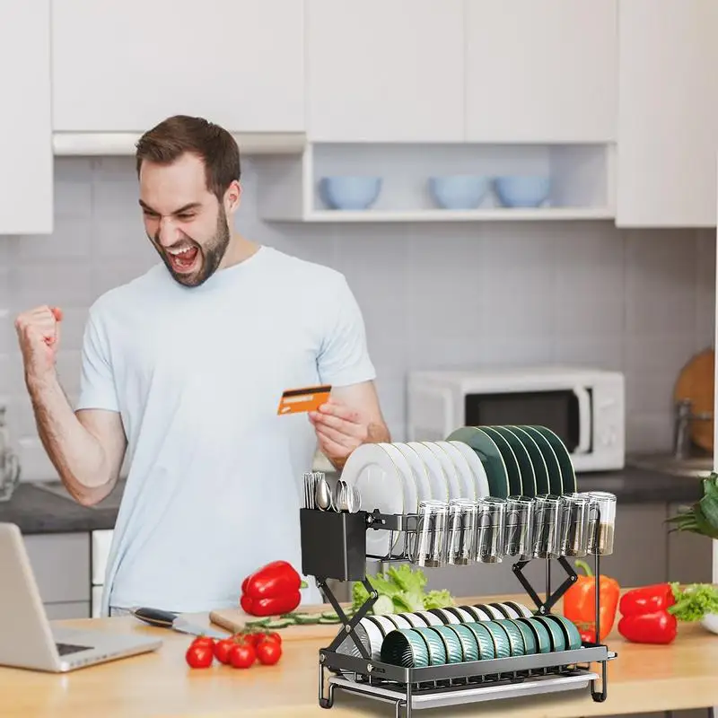 2-уровневая сушилка для посуды с капельным лотком органайзер кухонной раковины