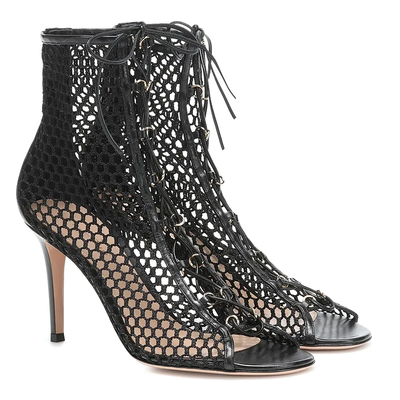 

High Heel Breathable Short Boots Shoes For Women Zapatos Mujer Mesh Strap Botas Open Toe Ankle Boots Cross Lace Up Botines