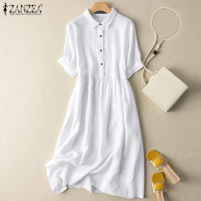 

ZANZEA Summer Fashion Soild Dress Knee Length Casual Comfortable Women's Wear Dresses Short Sleeve Turn Down Collar Vestidos