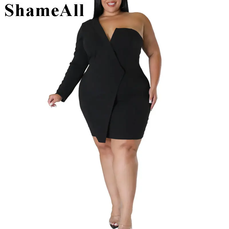 Plus Size One Shoulder Long Sleeve White Party Dress 4XL Sexy Backless Mini Blazer Night Dress Birthday Evening Bodycon Outfits