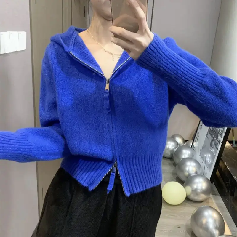 

Women 2022 Spring Autumn New Zipper Hooded Cardigans Female Long Sleeve Sweater Coats Ladies Short Solid Knitting Jackets D328