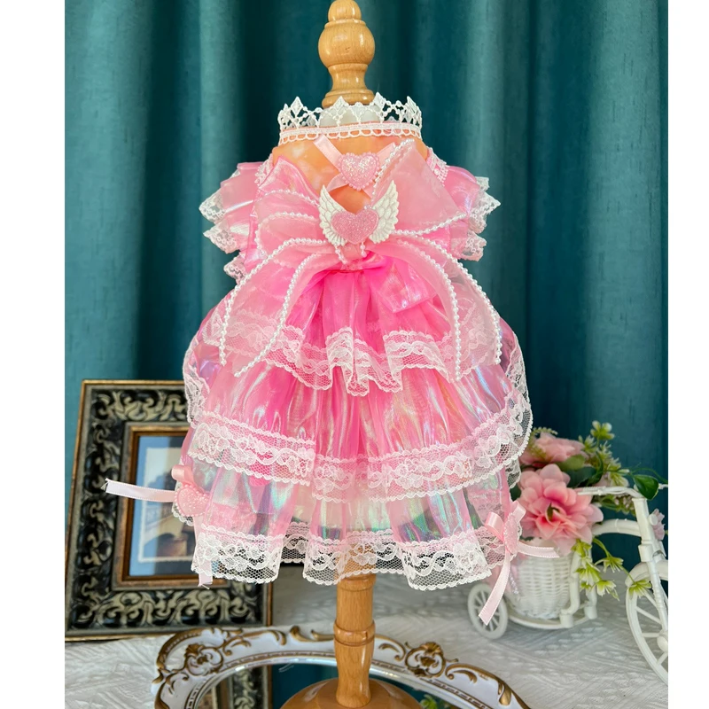 

Korean Sweet Fashion Laser Dazzle Pink Pet Dog Clothes Handmade Pearl Bow Lolita Princess Dress For Small Medium Dog Yorkshire