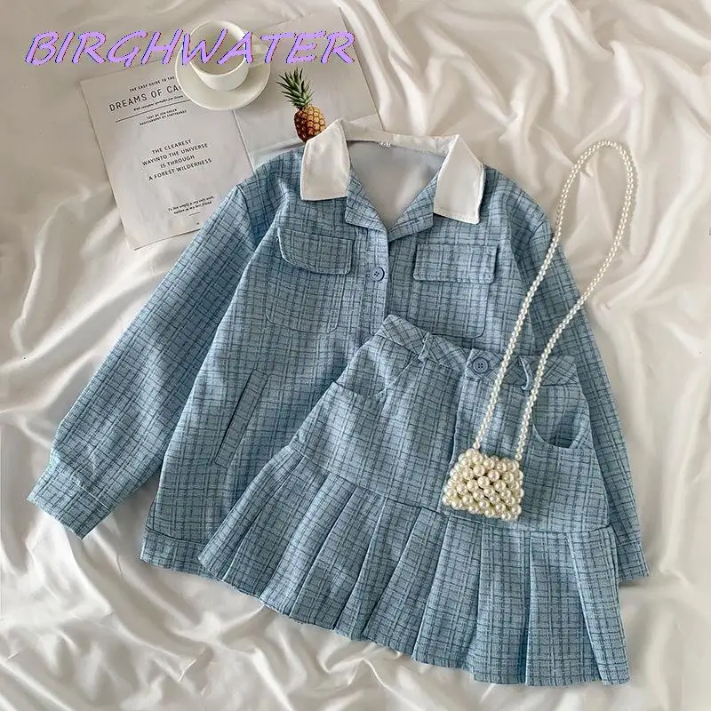

Women Skirt Suits Autumn Korean Sweet Lolita Style Sets Elegant Turn-Down Collar Plaid Coats Tops Chic Mini Pleated Skirts Suit