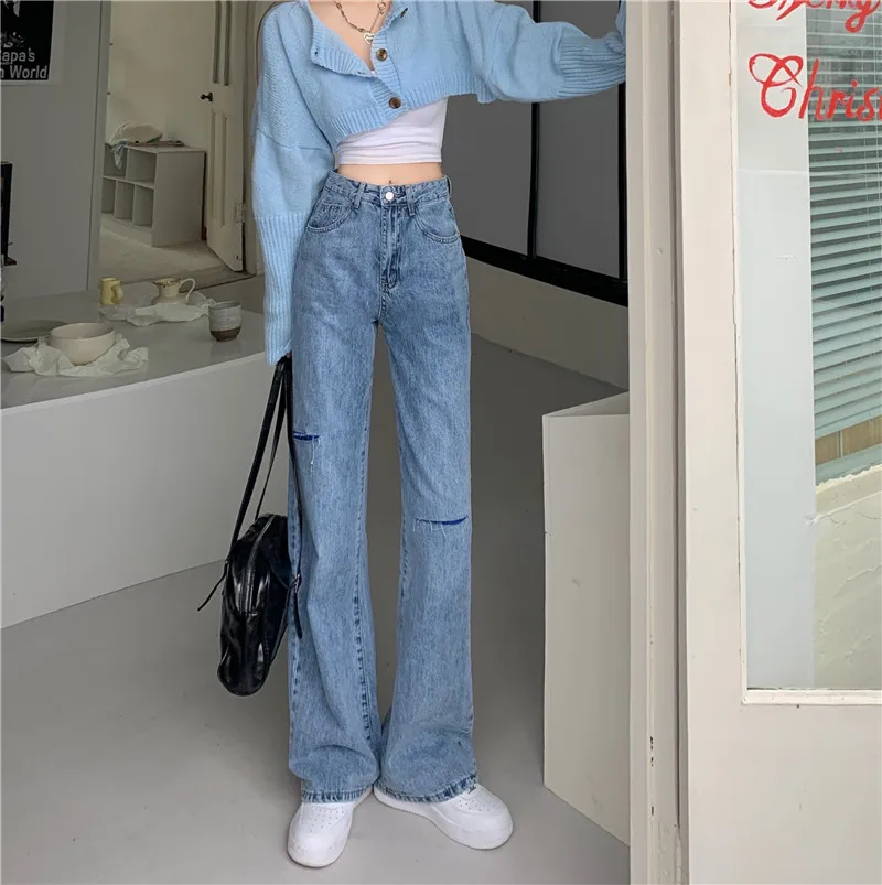 N1186  The new design sense of high waist is thin ripped hole all-match wide-leg straight long pants jeans