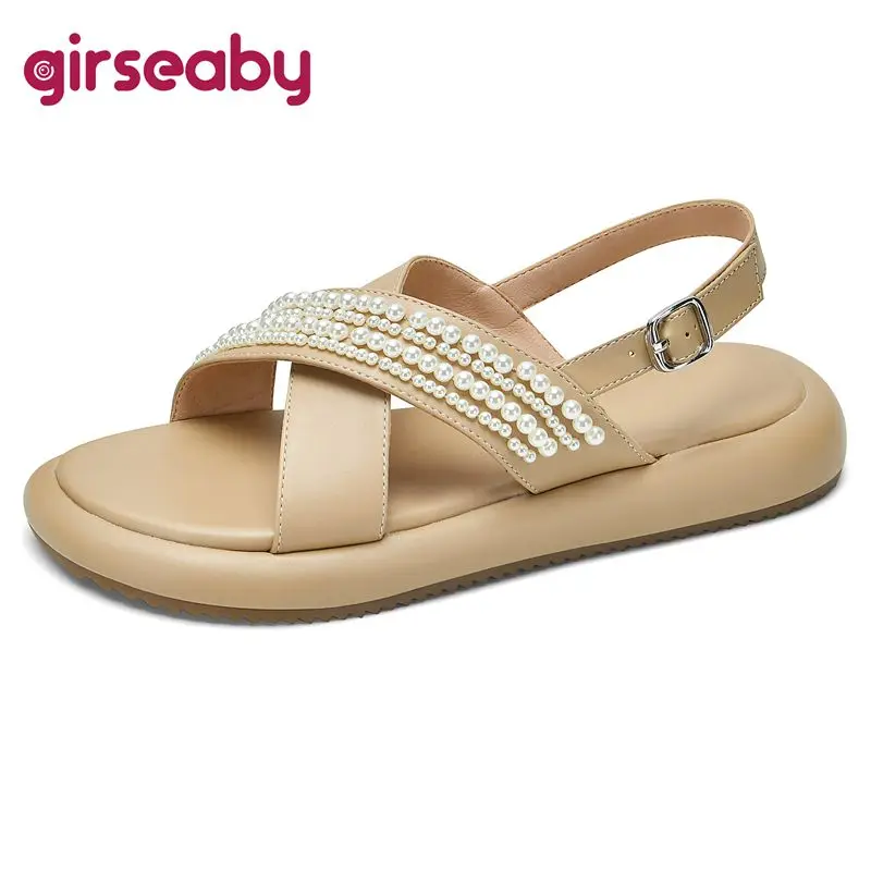 

Girseaby Soft PU Leather Ladies Sandals Round Toe Thick Heels Buckle Strap Pearls Large Size 32-42 Solid Beige Concise S3946