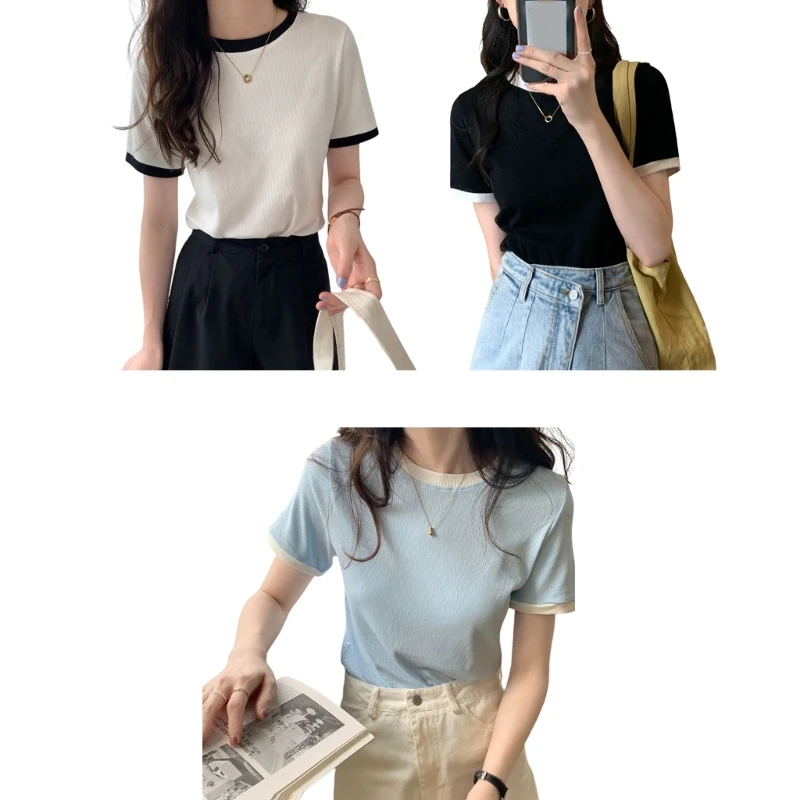 

MXMB Women Ribbed T-shirts Fashion Clothing Short Sleeve Spring Summer Basic Tshirt