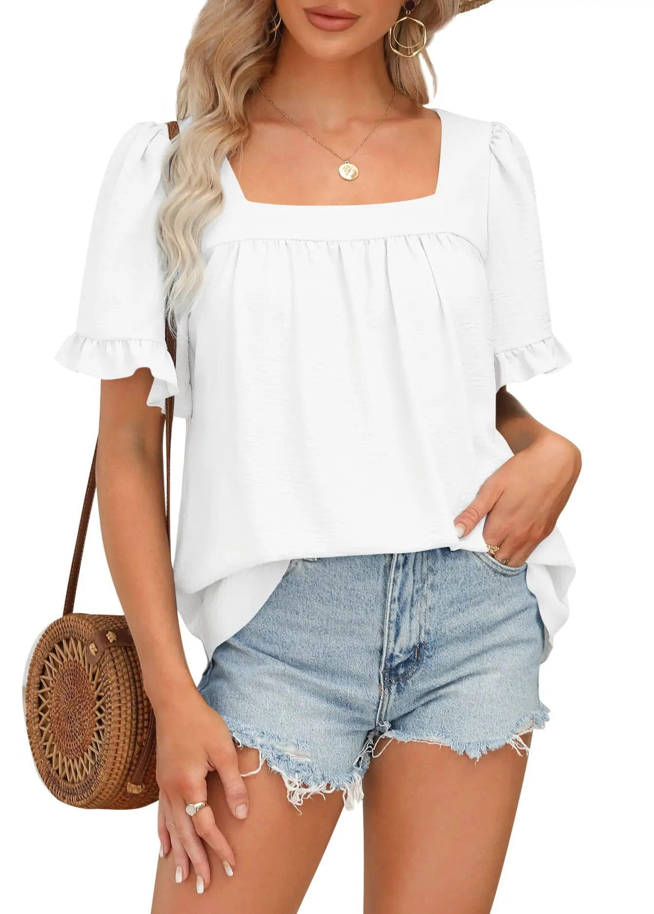 

Womens Summer Tops Sqaure Neck Ruffle Sleeve Blouses Babydoll Shirts 2023