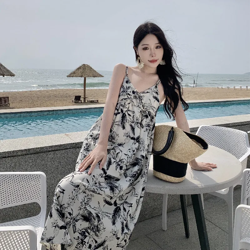 

NEW Halter Backless Beach Dresses 2023 Elegant Strappy Long Clothing Summer Print Loose Midi Women's Fashional Vacation Dress