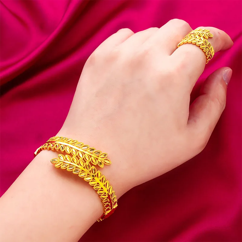 

24K Yellow Gold Color Leaf Opening Bracelet Rings for Women Simple Gold Bracelets Bangles Fine Jewelry Mother Girlfriend Gifts