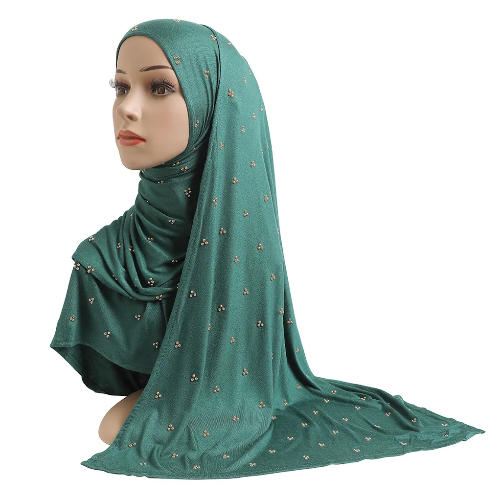Muslim Long Scarf with Diamonds Jersey Plain Headscarf Islamic Hijab Shawls Arab Headband Wraps Ladies Warmer Neckerchief Stole