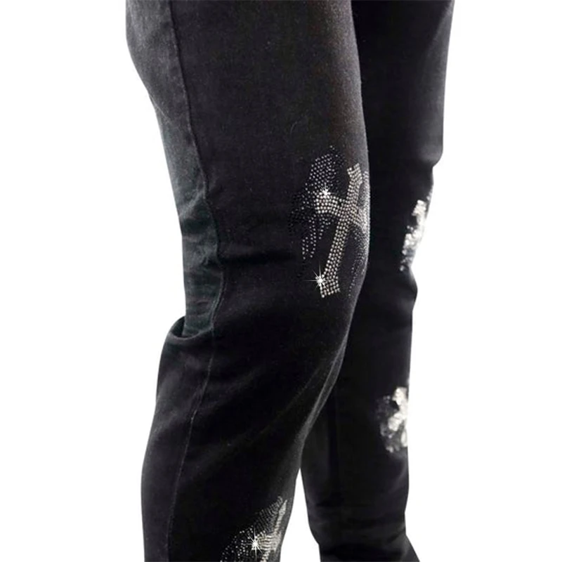 2021 Men's Stretchy Black Jeans Skinny Slim Fit Hot Drill Punk Streetwear Biker Trousers Man Rhinestone Hole Denim Pencil Pants