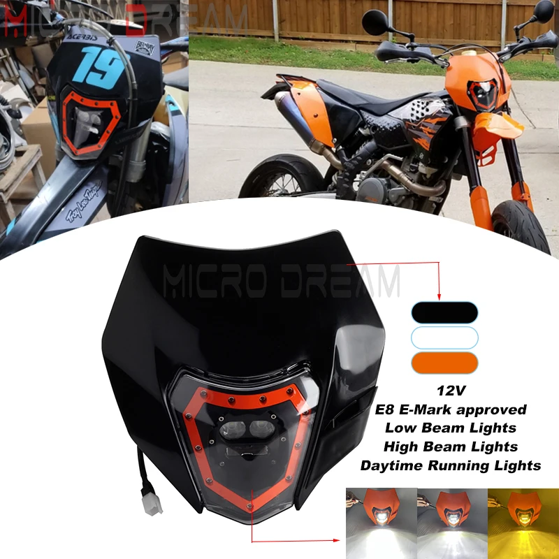 

Передняя светодиодная передняя фара для мотокросса, 12 В, универсальная для Hus, Honda, Yamaha, Kawasaki, Suzuki, Enduro, внедорожник E8, одобрено E-Mark