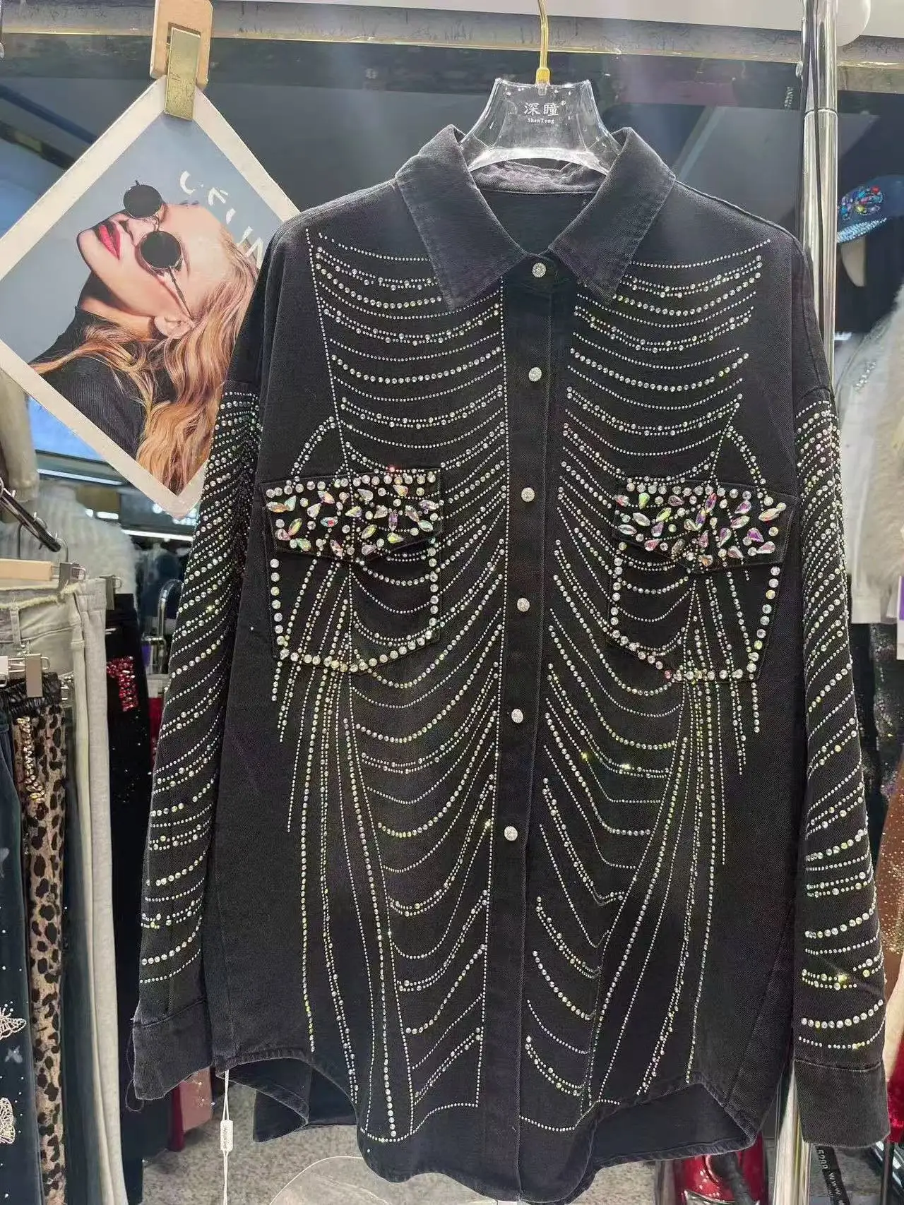 Роскошный стиль блестящие джинсовые блузки рубашки женские черные осенние