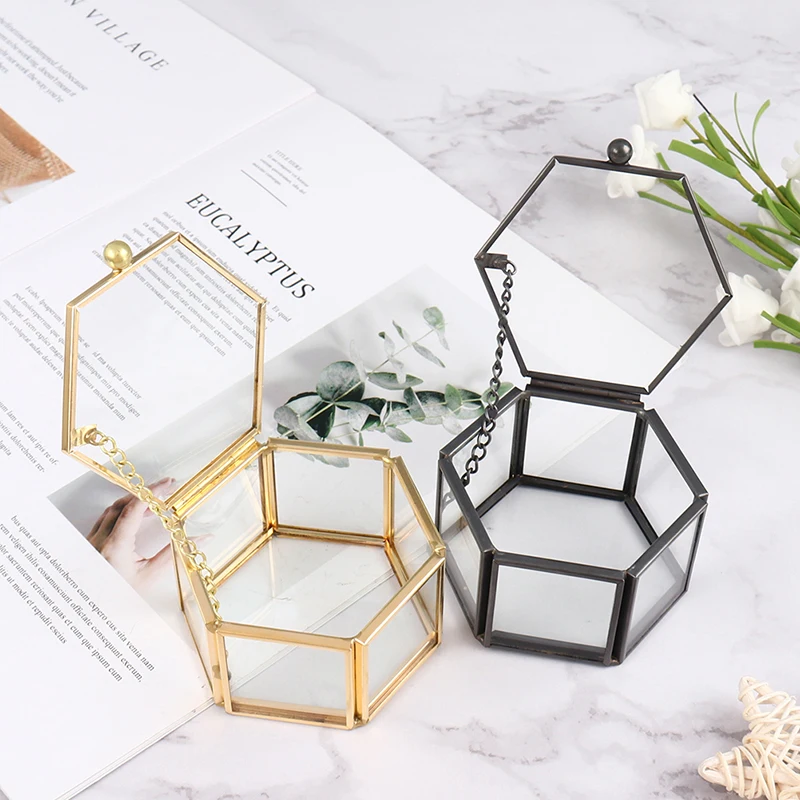 Creative Empty Geometrical Glass Jewelry Box Jewelry Organize Holder Ring Box Gold Black Color Jewelry Storage Wedding Gift 1PC  images - 6