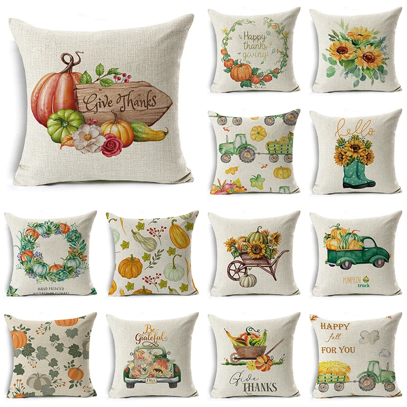 

WZH Thanksgiving Day Pillow Covers Pumpkin Truck Harvest Rustic Art Decor Cushion Cover Sofa Home Fall Autumn 45cm*45 cm