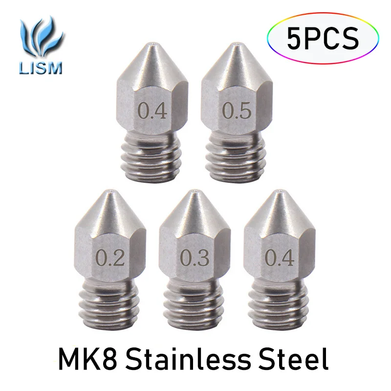 5PCS 3D Printer NozzleS MK8 0.2/0.3/0.4/0.5/0.6/0.8/1.0mm M6 Threaded Stainless Steel Nozzles for CR8 CR10/S/V2 Ender 3/3S/5/5S