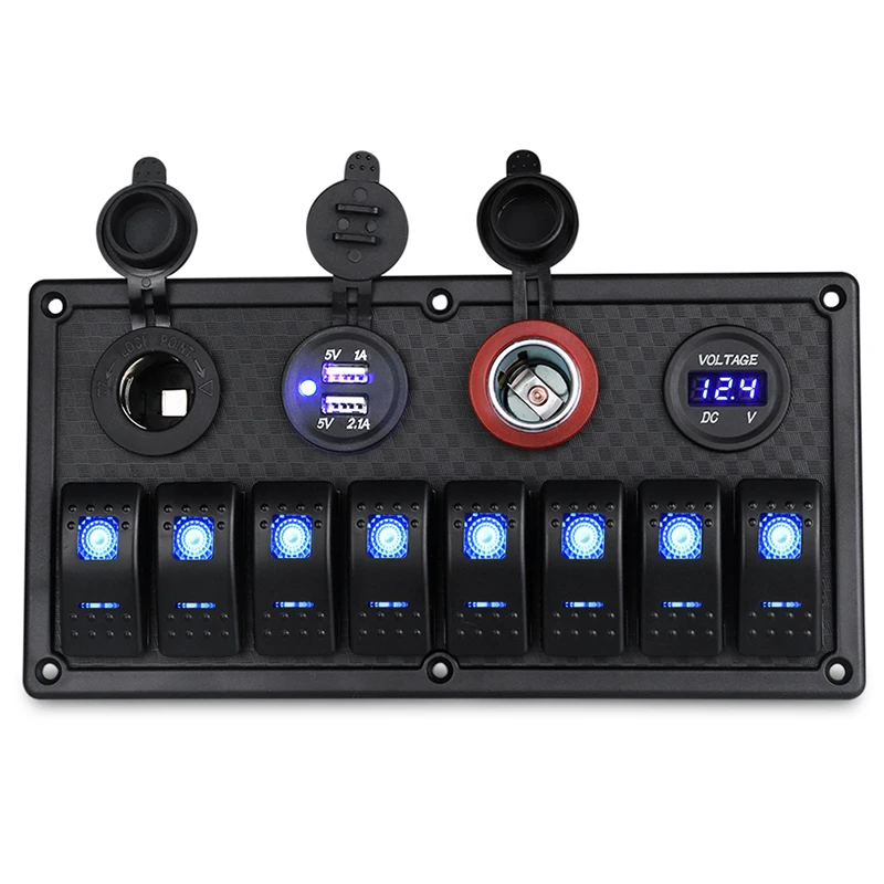 

12V-24V 8 Gang Rocker Switch Panel Dual USB Charger Socket Adapter LED Voltmeter Digital Switched For Car Boat Marine Truck RV