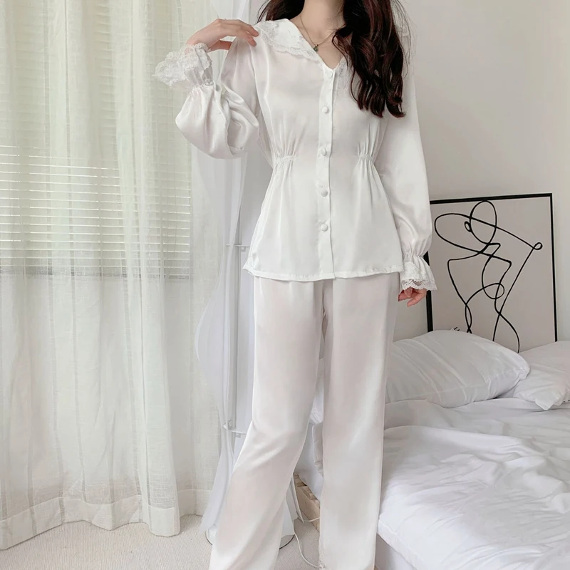 Lace Button Shirt with Trousers Korean Pajama Set Silk Long Pants Nightwear Pyjama Sleepwear Vintage Pijama Women Satin Pajamas