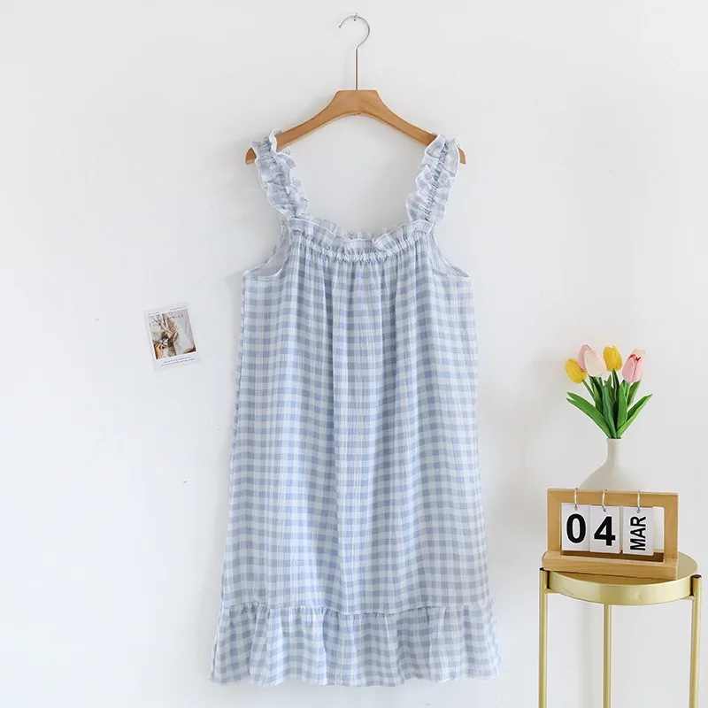 New Summer Women's Suspended Dress 100% Cotton Crepe Sleeping Dress Ladies Plaid Loose Home Dress Sleepwear Dress Women