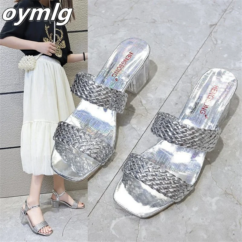 Drag sandals, two large sizes, casual woven one-word belt sandals, French high heels, thick heels, new summer 2022