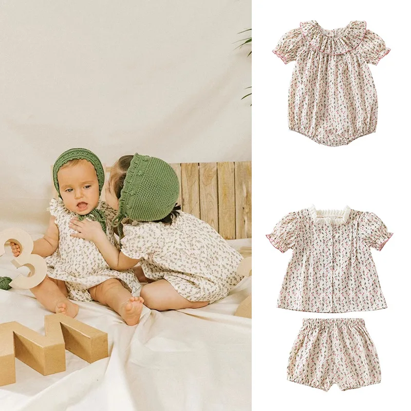 

Newborn 2023 Summer Cotton One-piece Girl Baby Broken Flower Suit Climbing Suit Children's Short Sleeve Bag Fart Coat