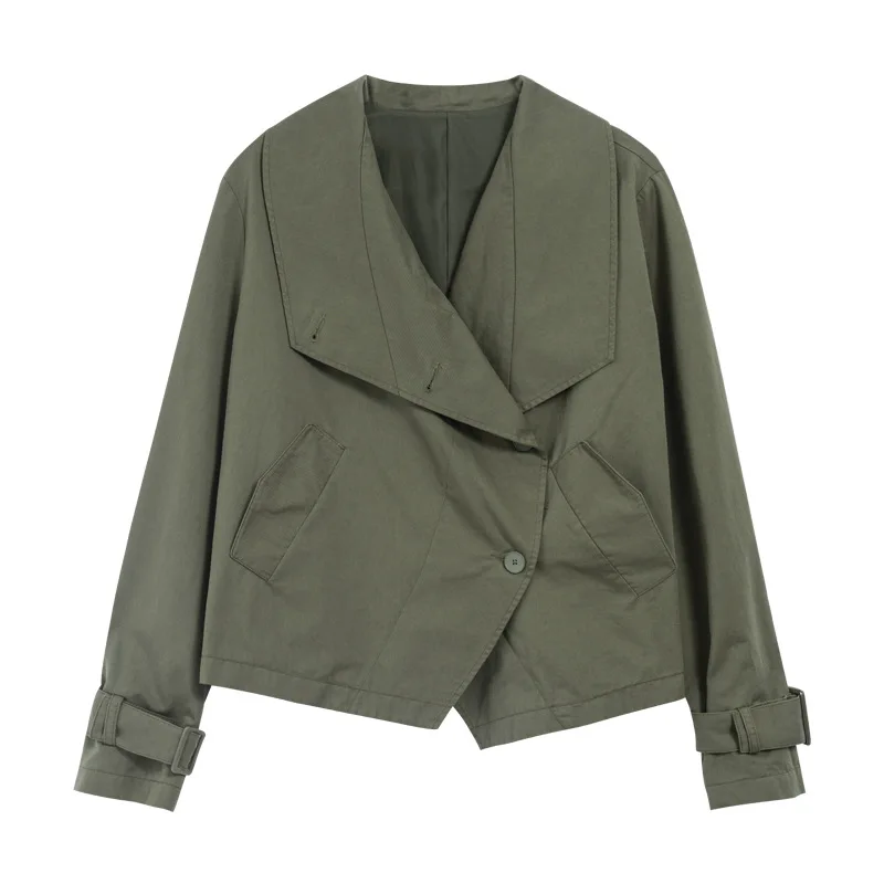 

Women Asymmetrical Cotton Short Trench Jacket Army Green Autumn