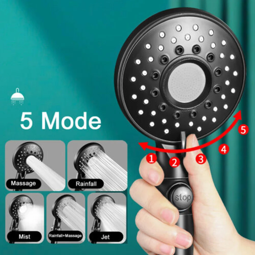 

5 Modes Water Saving Shower Head Black Adjustable High Pressure Handheld Filterable Shower Head One-key Stop Water For Bathroom