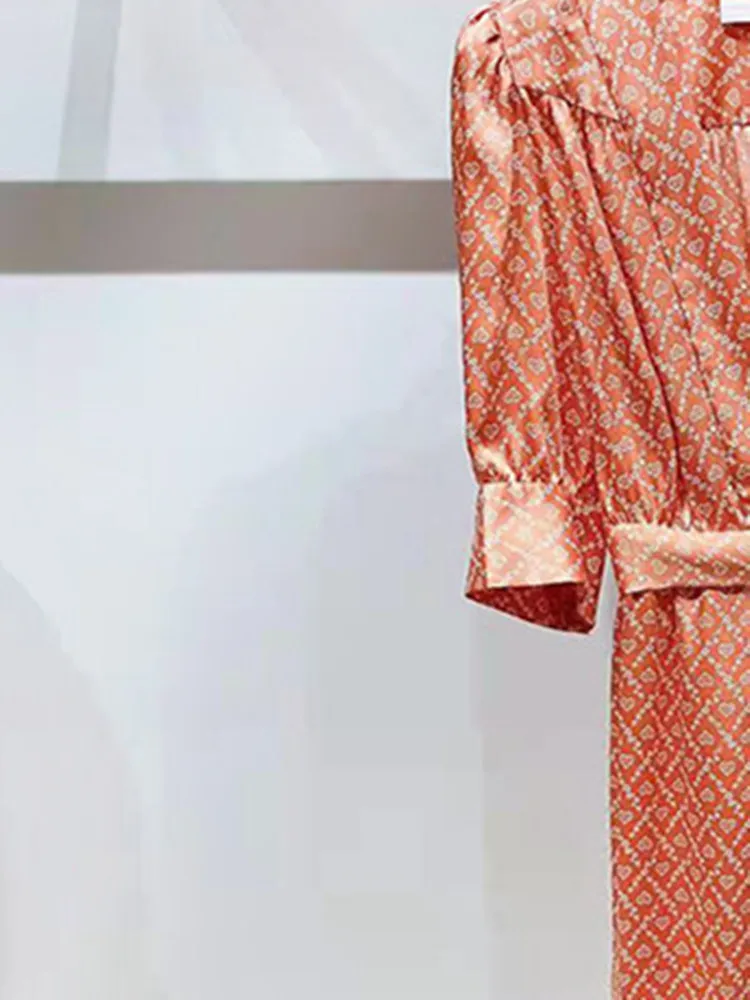 

Emay Women's V-Neck Orange Printed Dress Ladies Short Sleeve Lace Up Ruffles Midi Robe 2022 Spring Summer New