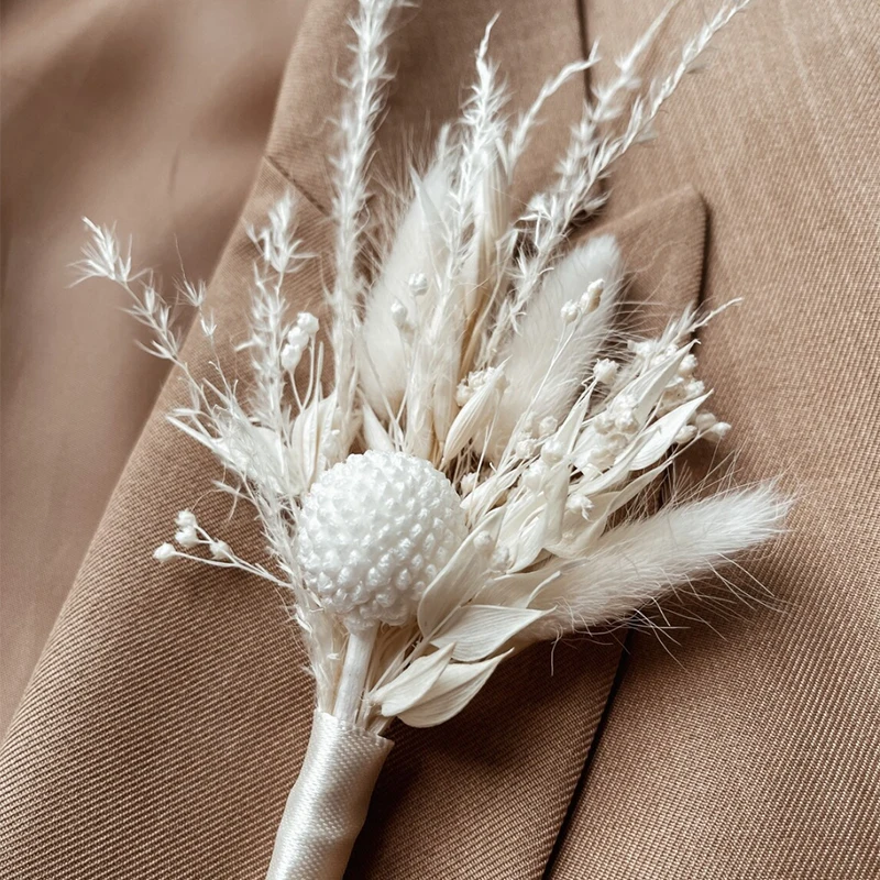 Pampas Dried Flower White Bunny Tails Boutonniere Romantic Wedding Supplies Groom Groomsman buttonhole Boho Corsage Decoration
