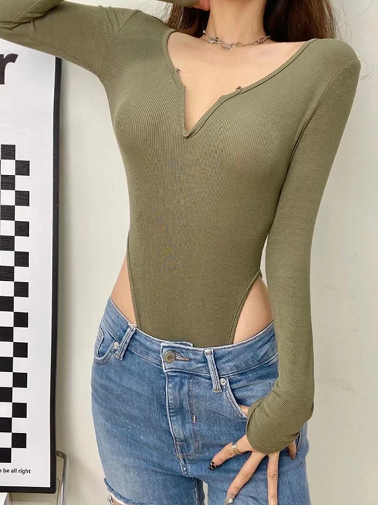 

Women Long Sleeve V-neck Bodysuits 2022 Sexy High Split Knitted Elastic Slim Solid Color Bodysuit Tops