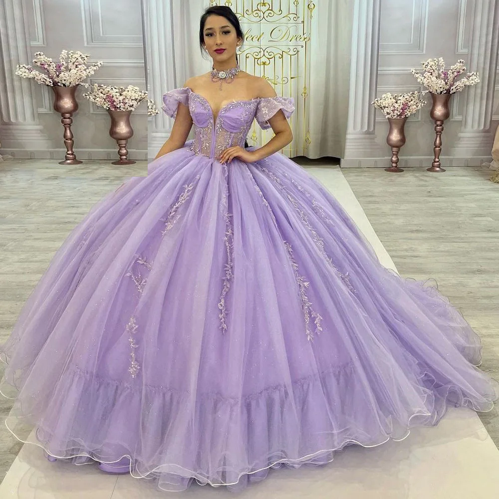 

Lovely Lilac Quinceanera Dresses Ball Gown Puffy Tulle Lace Applique Beading 2022 Sweet 16 Birthday Party Prom Pageant Miss Wear