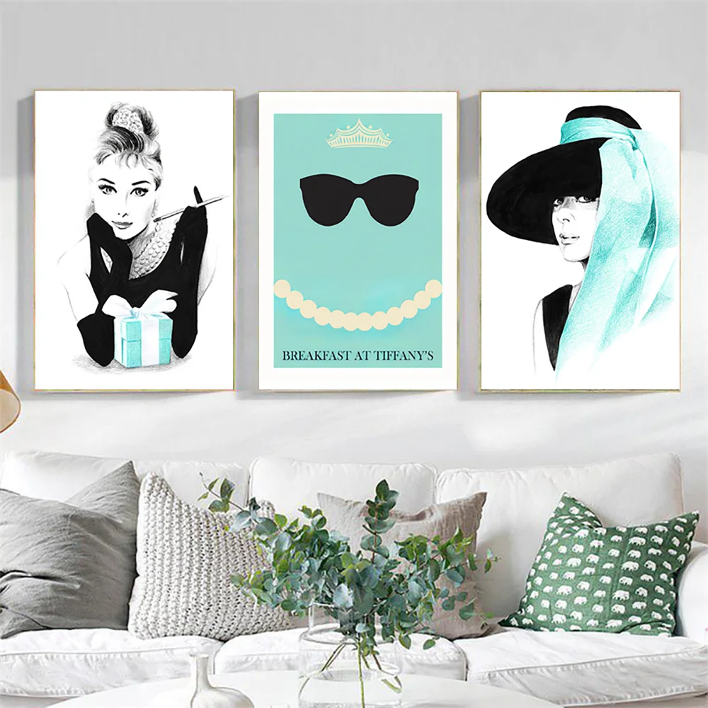 

Audrey Hepburn Modern Portrait Art Posters Breakfast At Tiffany's Canvas Painting Nordic Wall Blue Green Picture For Living Room