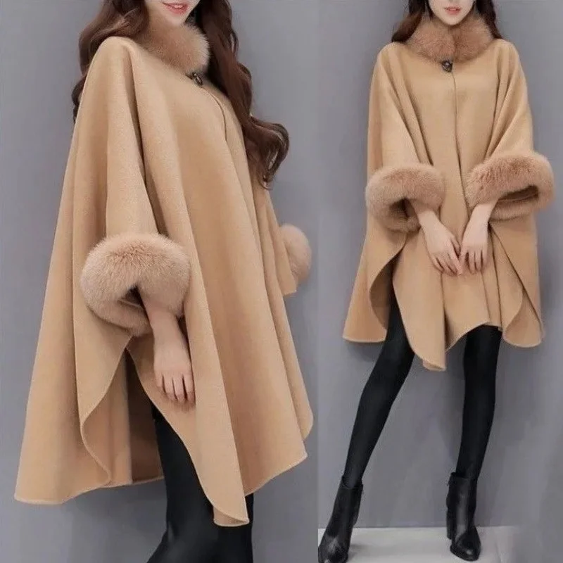 

Winter Fake Fur Coat Women's Poncho Jacket Plus Size Bat Sleeve Warm Cape Overcoat Long Cloak Outwear Casual Shawl Female 5XL