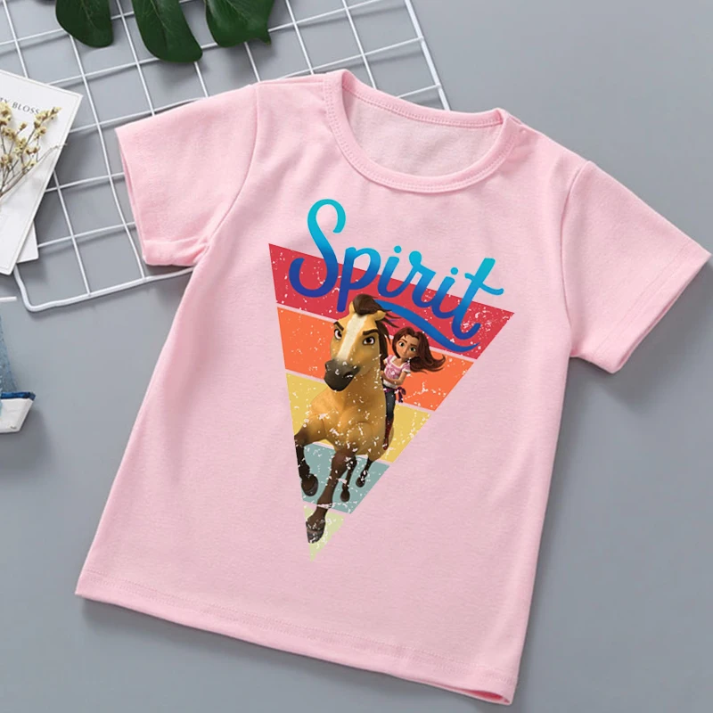 

2022 Movie Show Spirit Mustang T-shirt for Girls Anime Kids Clothes Funny Children Clothing Pink Tops Tees 2022