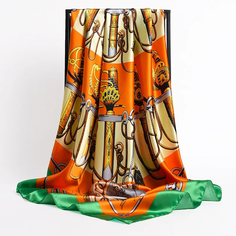 

90CM Square Chain Patchwork PrintSilk Satin Scarves Women Kerchief Neck Scarf Shawl Wrap Muffler Pareo Bandanna Hair Accessories