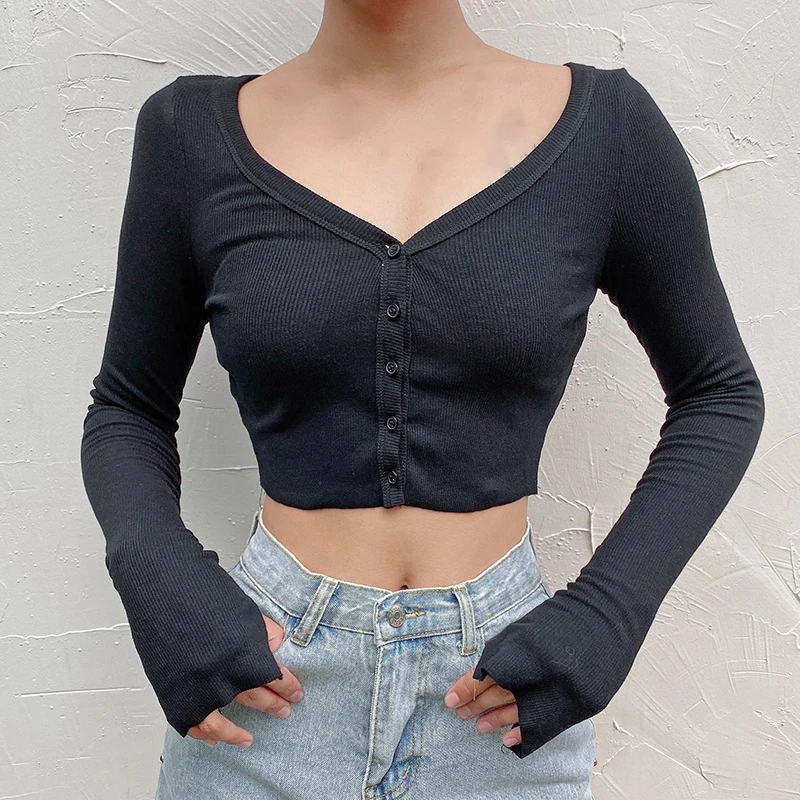 

2021 New Women Knitting V neck Sweater Vintage Exposed navel Short Pullover Knitwear Long sleeve Jumper Tops Sexy