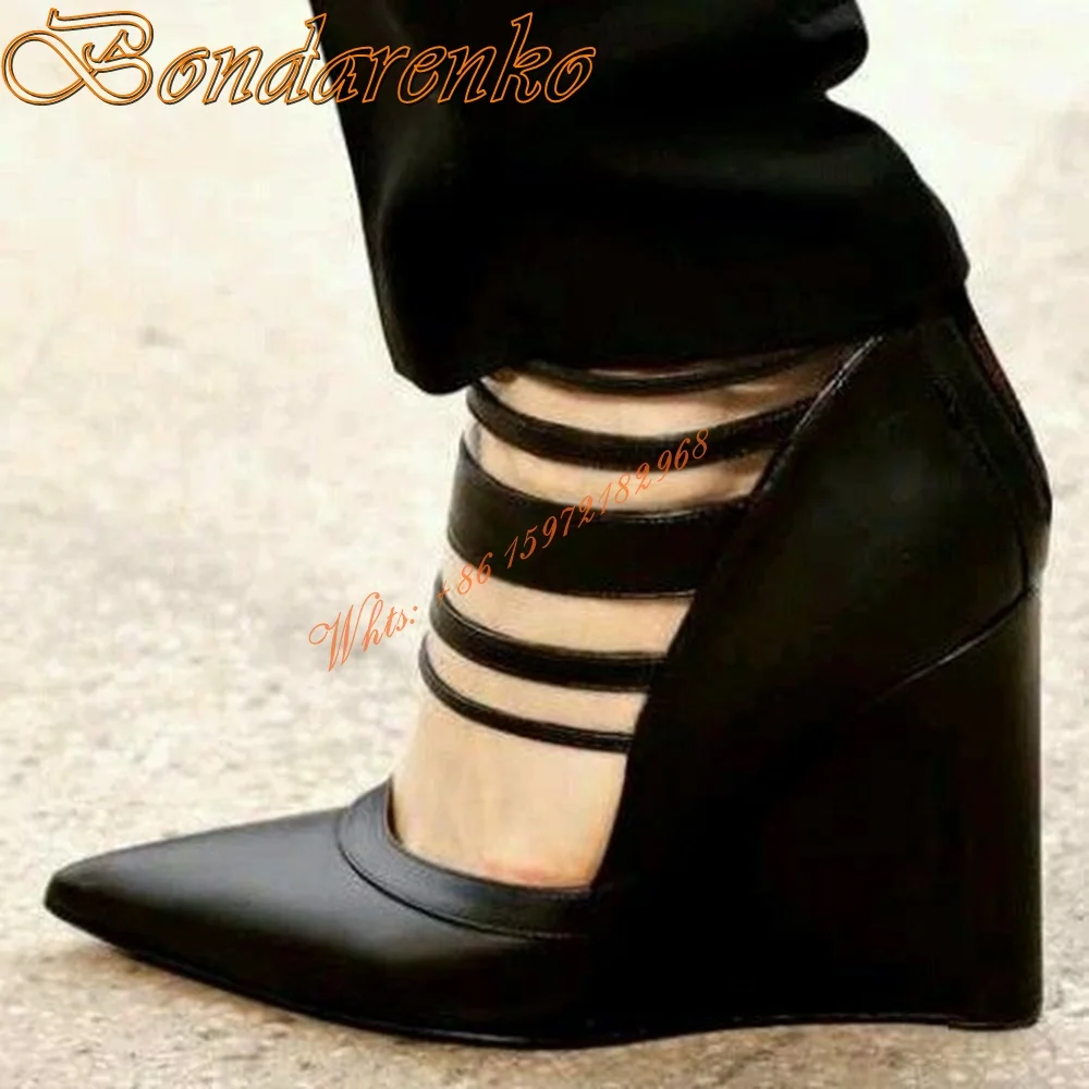 Cut Outs Straps Wedges Pumps Pointy Toe Solid Black Ankle Women Dress Shoes Zipper Hollow Spring Party Daily Pumps Fashion Sexy