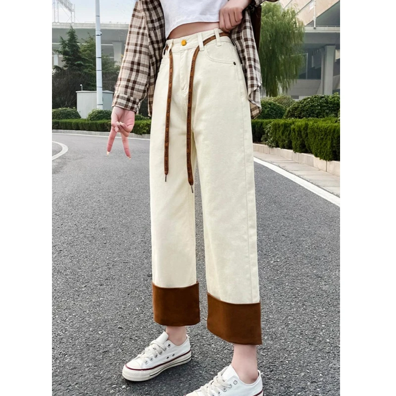 

Women's Loose Straight Ankle-length Jeans Spring Autumn New Simple Style Female High Waist Color Matching Denim Pants
