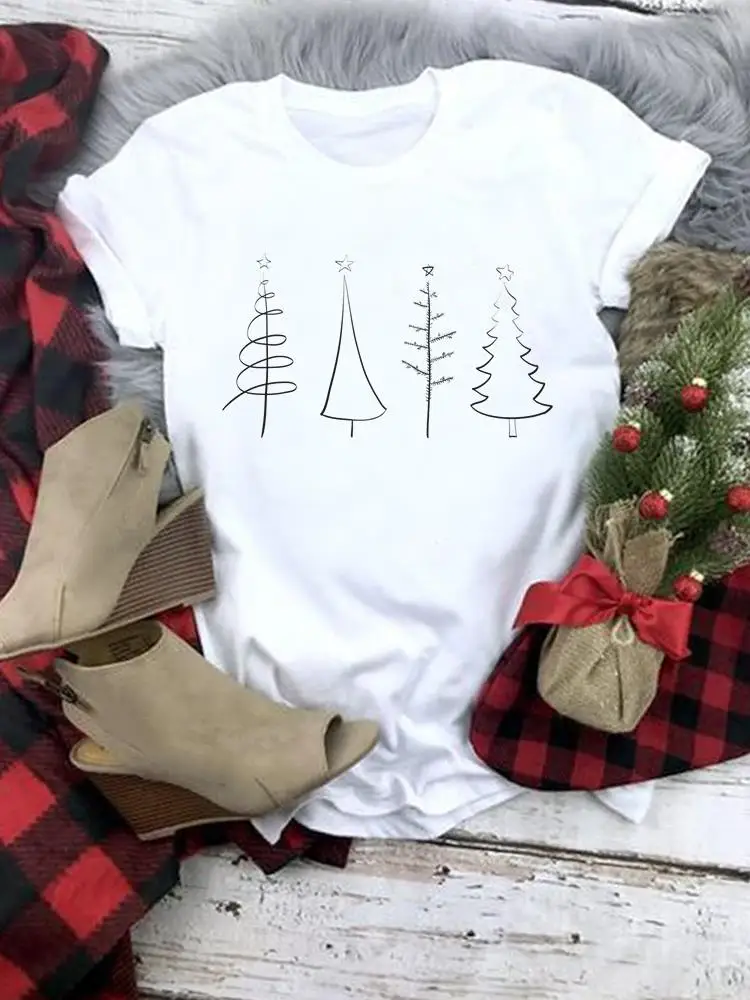 

Women Fashion Clothing T Print Graphic Tee Merry Christmas Tree 90s Cute Lovely New Year Female Short Sleeve Casual T-shirts