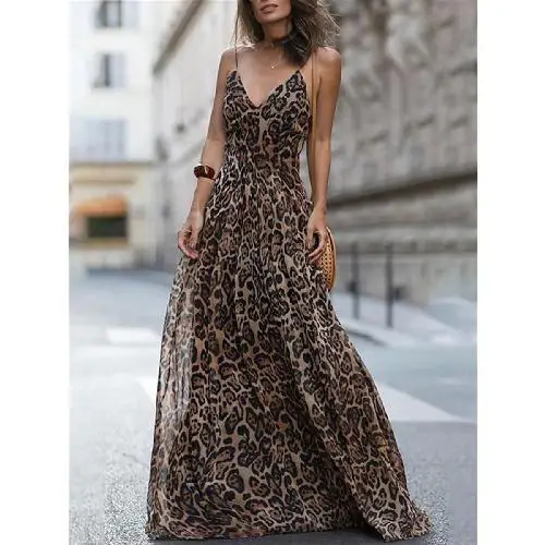 2023 Summer Elegant Women Maxi Beach Dress Sexy Leopard Printing V Neck A Line Backless Straped Vintage Loose Vestido M227