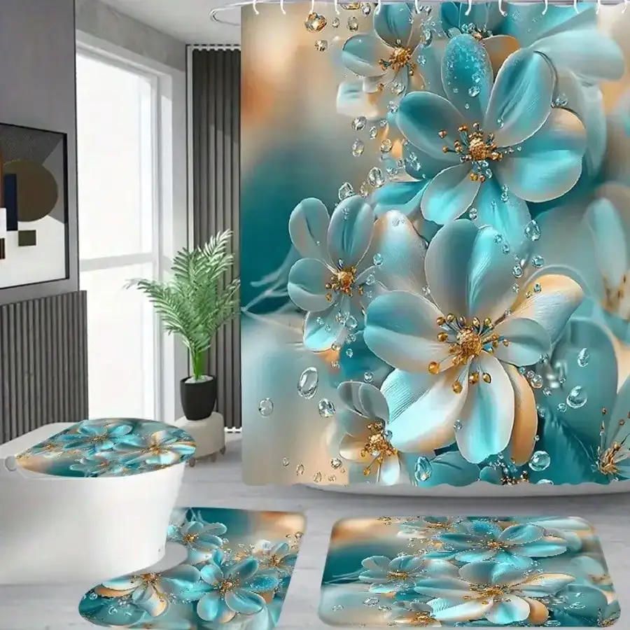 Сине-белая цветочная занавеска для душа, полиэстер, 4 шт.